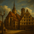 Rembrandt-Stil Gemälde der Stiftskirche Stuttgart im Querformat, zeigt die Kirche mit rotem Dach, historischem Turm und angrenzendem Fachwerkhaus. Stimmungsvolle Lichtführung wie in alten Ölgemälden.