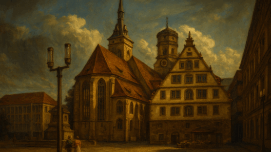 Rembrandt-Stil Gemälde der Stiftskirche Stuttgart im Querformat, zeigt die Kirche mit rotem Dach, historischem Turm und angrenzendem Fachwerkhaus. Stimmungsvolle Lichtführung wie in alten Ölgemälden.