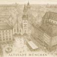 Bleistiftzeichnung im Querformat mit Text 'Altstadt München', zeigt den Marienplatz aus der Vogelperspektive mit Altem Rathaus, Kirchen und lebendigem Stadtleben.