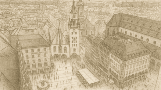 Bleistiftzeichnung im Querformat mit Text 'Altstadt München', zeigt den Marienplatz aus der Vogelperspektive mit Altem Rathaus, Kirchen und lebendigem Stadtleben.
