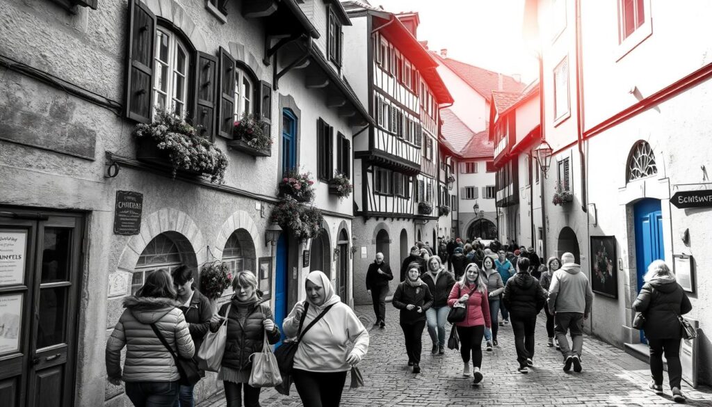 A bustling Schnitzeljagd (treasure hunt) through the historic alleyways of Appenzell's old town, with pedestrians scurrying along the winding, cobblestone pathways. The scene is rendered in a striking black and white palette, with pops of color highlighting key elements like weathered signage, vibrant window boxes, and the occasional cobalt blue door. Overhead, a warm, diffused natural light filters through the narrow streets, casting soft shadows and creating a sense of timeless charm. In the foreground, groups of visitors enthusiastically follow clues and navigate the labyrinthine lanes, immersed in the interactive exploration of Appenzell's captivating architectural heritage.