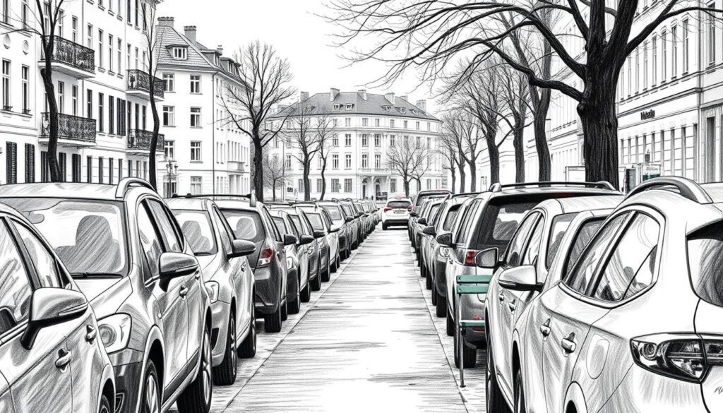 A bustling city street, lined with rows of parked cars in muted shades of gray. The buildings in the background, rendered in a delicate pencil sketch, evoke a sense of timeless charm. Occasional splashes of color – a vibrant red bicycle, a green park bench – stand out against the monochrome backdrop, drawing the eye and adding visual interest. The scene is bathed in a soft, diffused light, casting gentle shadows and creating a serene, contemplative atmosphere. The focus is on the practical and functional aspects of urban parking, but the artistic execution imbues the image with a sense of character and nostalgia, perfectly complementing the "Praktische Tipps für Ihren Besuch" section of the article.