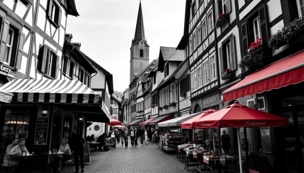 A bustling cobblestone street in the historic Altstadt of Liestal, Switzerland. Quaint half-timbered buildings line the way, their facades weathered by time. In the foreground, a charming outdoor café serves up local delicacies - hearty rosti, fragrant bratwurst, and rich chocolate tortes. Patrons sit beneath striped awnings, sipping steaming cups of coffee. The middle ground reveals a lively marketplace, vendors offering fresh produce, artisanal cheeses, and handcrafted wares. In the background, the steeple of an ancient church rises, its bells tolling softly. The scene is rendered in a striking black and white palette, with only the vibrant red and gold accents of the café umbrellas and produce stands adding pops of color.