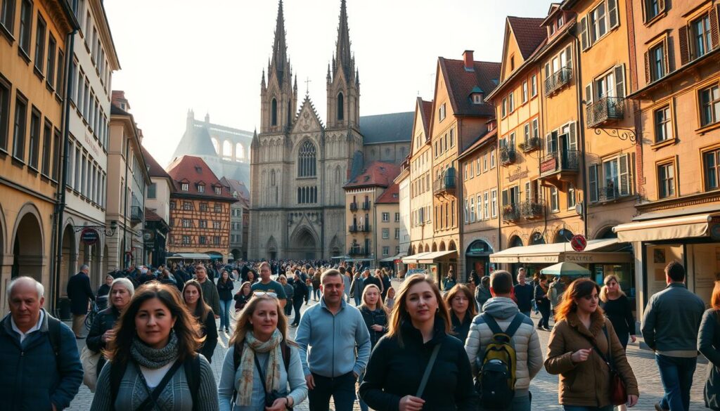 A bustling medieval town square in Regensburg, Germany, bathed in warm afternoon sunlight. In the foreground, a group of tourists follows a tour guide, their faces alight with curiosity as they explore the historic architecture. The middle ground features the iconic Regensburg Cathedral, its soaring Gothic spires and intricate stone facade casting long shadows across the cobblestoned plaza. In the background, quaint shops and centuries-old buildings line the winding streets, their timeless charm inviting visitors to discover the city's rich history. The scene conveys a sense of timelessness, blending the past and present in a harmonious, picturesque tableau. A bustling medieval town square in Regensburg, Germany, bathed in warm afternoon sunlight. In the foreground, a group of tourists follows a tour guide, their faces alight with curiosity as they explore the historic architecture. The middle ground features the iconic Regensburg Cathedral, its soaring Gothic spires and intricate stone facade casting long shadows across the cobblestoned plaza. In the background, quaint shops and centuries-old buildings line the winding streets, their timeless charm inviting visitors to discover the city's rich history. The scene conveys a sense of timelessness, blending the past and present in a harmonious, picturesque tableau.