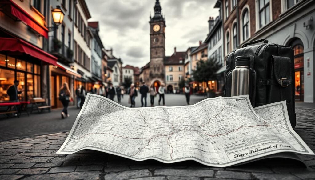 A bustling old town center, cobblestone streets winding through historic buildings, pedestrians strolling under the warm glow of street lamps. In the foreground, a map unfolds, pointing the way to charming cafes and quaint shops. The middle ground features practical travel essentials - a sturdy backpack, a comfortable pair of walking shoes, a reusable water bottle. In the background, a bell tower rises, its clock face casting a soft, muted light across the scene. The image is rendered in a delicate black and white palette, with subtle pops of color highlighting key details - the vibrant red of a cafe awning, the gleam of brass hardware on a vintage suitcase. An atmosphere of timeless exploration and quiet discovery pervades the composition.