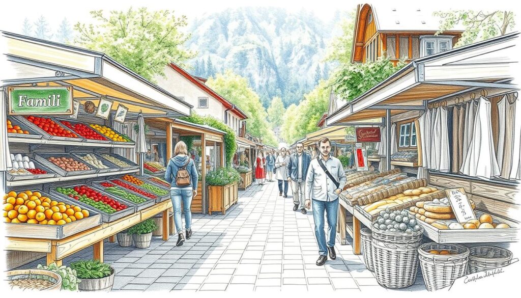 A bustling open-air market, adorned with vibrant local produce and artisanal crafts. Wooden stalls showcase the bounty of the Schärding region - fresh fruits, vegetables, and herbs in a spectrum of earthy tones. Woven baskets brimming with regional delicacies, such as smoked meats, cheeses, and handmade pastries, invite closer inspection. The scene is bathed in soft, natural light, casting a warm, inviting glow over the scene. Pedestrians meander through the market, examining the wares with a discerning eye, capturing the essence of a community that celebrates its local heritage. Pencil sketches in black and white, with selective pops of color highlighting the most captivating elements.