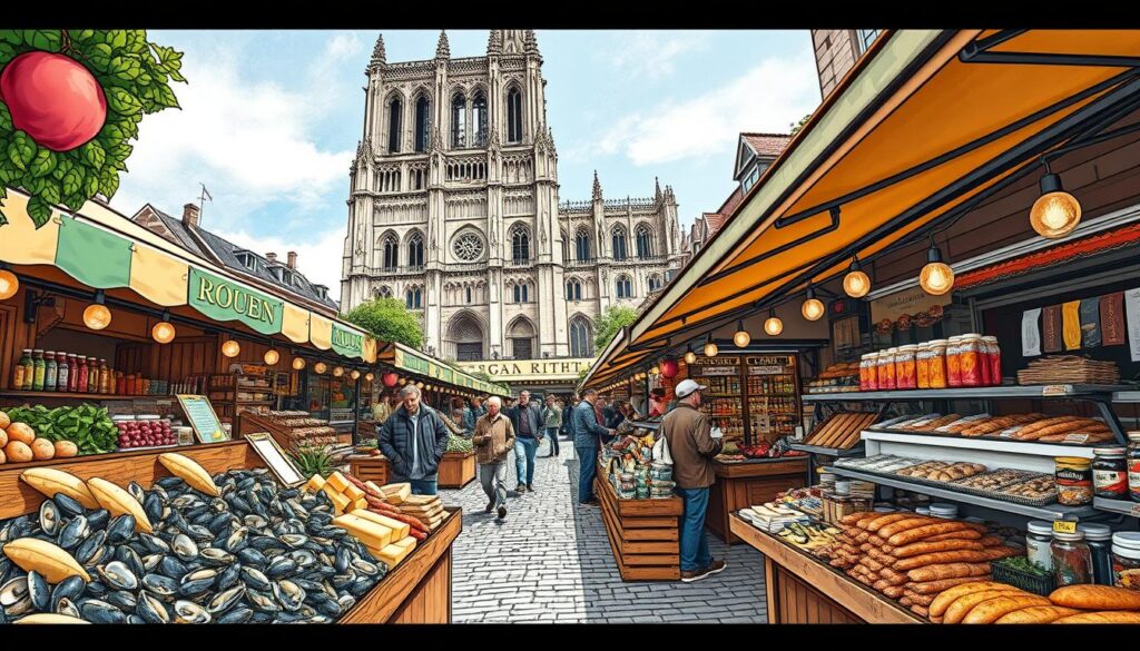 A bustling outdoor market in the historic city of Rouen, filled with an array of local culinary delights. Stalls brimming with fresh produce, artisanal cheeses, and crusty breads line the cobblestone streets, their vibrant colors and textures beckoning passers-by. In the foreground, a family-owned seafood stand displays glistening oysters, mussels, and fish, while the aroma of sizzling crepes wafts through the air. In the middle ground, patrons browse an array of charcuterie, jams, and handcrafted pastries, each item a testament to the region's rich gastronomic heritage. In the background, the iconic Gothic cathedral of Rouen stands tall, its intricate spires and buttresses framing the scene. The entire composition is rendered in a vibrant, hand-drawn style, capturing the warmth, energy, and diversity of Rouen's culinary highlights.