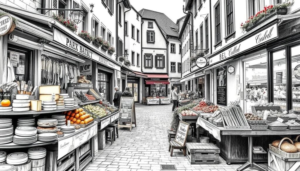 A bustling outdoor market in the historic heart of Biel/Bienne, where vendors display an array of local culinary delights. Artisan cheeses, cured meats, and freshly baked breads fill the air with tantalizing aromas. Vibrant produce stalls burst with seasonal bounty, their colors punctuating the monochromatic streetscape. Quaint cafes and intimate bistros line the cobblestone lanes, their cozy interiors visible through storied window frames. A sense of timeless tradition permeates the scene, with each dish and ingredient a testament to the region's rich gastronomic heritage. Captured in a pencil sketch style, with selective pops of color highlighting the most enticing details.