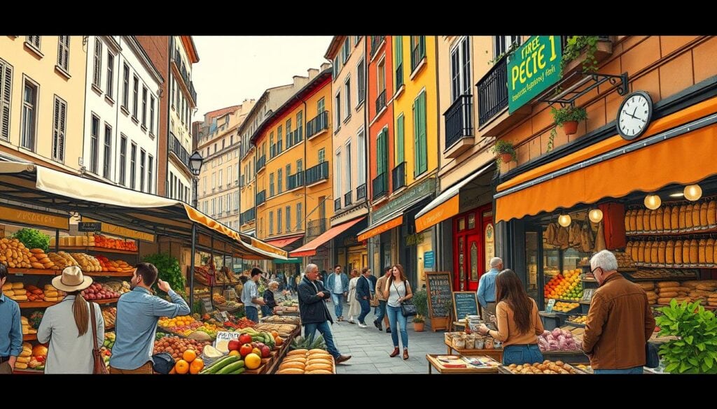 A bustling outdoor market in the historic heart of Lyon, France, bathed in warm afternoon light. Vibrant stalls brimming with fresh regional produce, artisanal breads, cheeses, and cured meats. In the foreground, a group of locals browsing the wares, conversing animatedly. Middle-ground cafes and bistros with sidewalk seating, their facades adorned with wrought-iron details. In the background, the iconic ochre-hued buildings and narrow winding streets of the Vieux Lyon district, giving a sense of timeless charm. The scene exudes the rich culinary traditions and conviviality that define the "Gastronomic Capital of the World." Rendered in a whimsical, hand-drawn illustration style with a harmonious color palette.