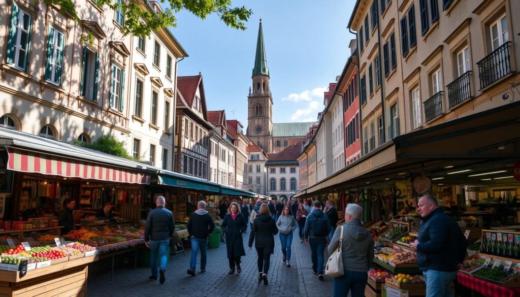 A bustling outdoor market in the historic heart of St. Pölten, Austria. Rows of colorful stalls offer an array of locally-sourced produce, artisanal crafts, and specialty goods. Pedestrians stroll the cobblestone streets, pausing to browse the wares and converse with friendly vendors. Dappled sunlight filters through the ornate facades of centuries-old buildings, casting dramatic shadows and highlights across the scene. In the distance, the spire of a grand cathedral towers over the lively marketplace, a timeless symbol of the city's storied past. The overall atmosphere is one of vibrant activity, community, and a deep connection to the area's rich cultural heritage.