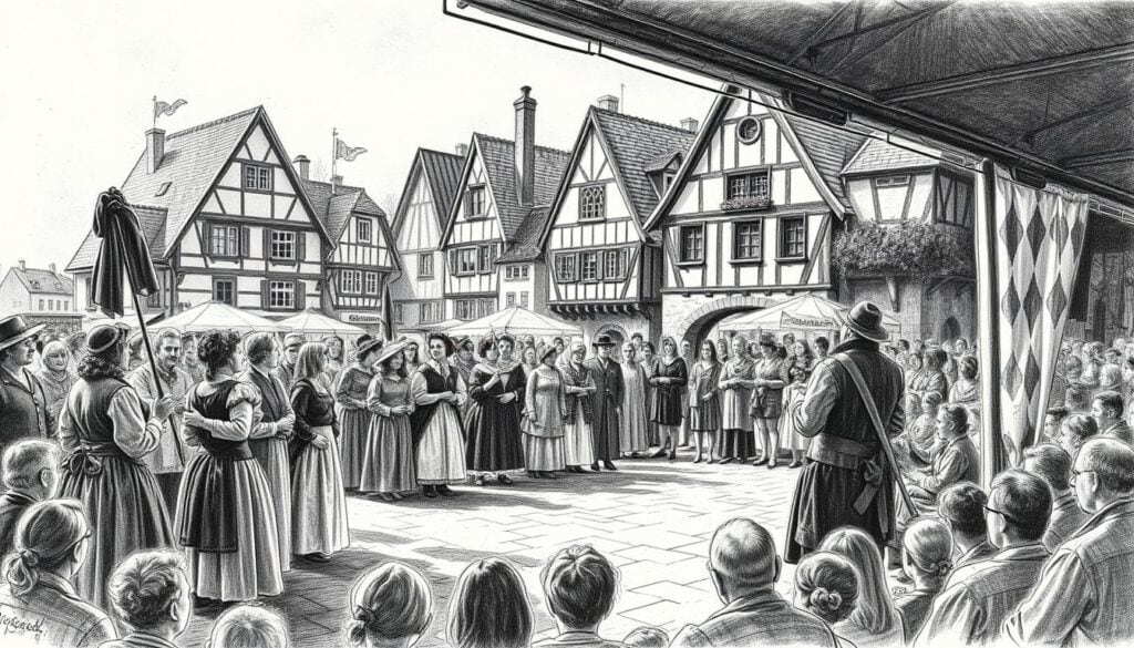 A bustling outdoor performance of the Rattenfänger von Hameln (The Pied Piper of Hamelin) in the charming old town of Hameln. The scene is rendered in dramatic black and white with subtle pops of color, capturing the historical atmosphere. In the foreground, a troupe of actors dressed in period costumes enact the famous tale, their gestures and expressions brought to life. The middle ground features the picturesque medieval architecture of Hameln, with its half-timbered buildings and winding cobblestone streets. In the background, the audience sits captivated, immersed in the cultural event. Dramatic lighting casts long shadows, adding depth and a sense of mystery to the tableau.