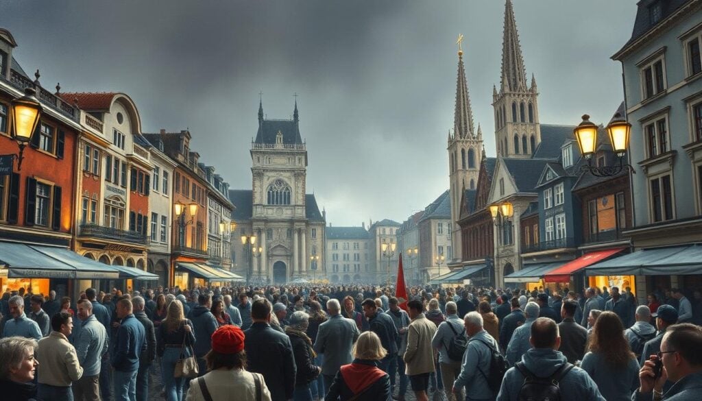 A bustling town square in a historic European city, illuminated by the soft glow of gas lamps. Cobblestone streets and towering cathedral spires frame the scene. In the foreground, a lively crowd gathers for a cultural event, their figures rendered in shades of grey with accents of vibrant color. Candid expressions and dynamic poses suggest a celebration of the city's rich heritage. The atmosphere is one of timeless charm, where the past and present converge in a captivating display.