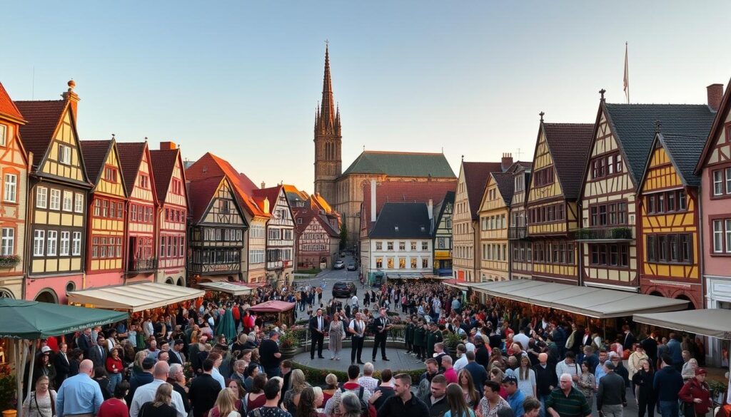 A bustling town square in the heart of Görlitz's historic old town, bathed in warm evening light. In the foreground, a lively crowd gathers around a central stage, where a local band plays traditional folk music. Surrounding the square, quaint cobblestone streets lined with charming half-timbered buildings, their facades adorned with ornate architectural details. In the background, the iconic spires and rooftops of the Görlitz Cathedral rise up, creating a picturesque silhouette against the soft, golden sky. The atmosphere is vibrant and celebratory, capturing the essence of the thriving cultural events that breathe life into this beautifully preserved historic district. A bustling town square in the heart of Görlitz's historic old town, bathed in warm evening light. In the foreground, a lively crowd gathers around a central stage, where a local band plays traditional folk music. Surrounding the square, quaint cobblestone streets lined with charming half-timbered buildings, their facades adorned with ornate architectural details. In the background, the iconic spires and rooftops of the Görlitz Cathedral rise up, creating a picturesque silhouette against the soft, golden sky. The atmosphere is vibrant and celebratory, capturing the essence of the thriving cultural events that breathe life into this beautifully preserved historic district.
