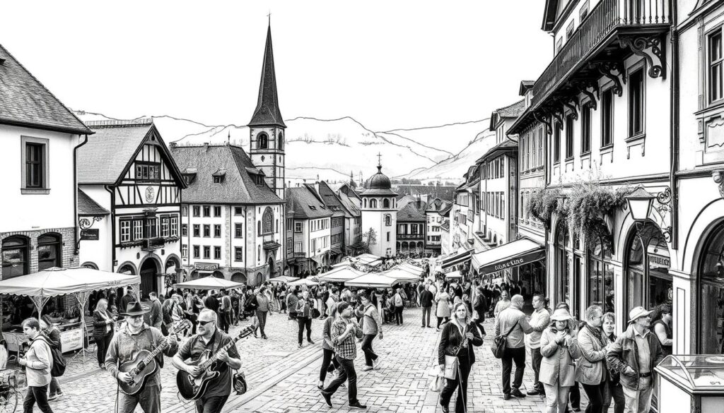 A bustling town square in the historic Krems an der Donau old town, captured in a timeless black and white sketch-like style with pops of color. In the foreground, locals and visitors engage in lively activities – street performers, outdoor cafes, and artisanal vendors. The middle ground features the iconic architecture of churches, ornate buildings, and cobblestone streets. The background showcases the Danube river and surrounding hills, creating a picturesque natural backdrop. The scene conveys a sense of vibrant culture, tradition, and community, inviting the viewer to immerse themselves in the charming atmosphere of this historic Austrian town.