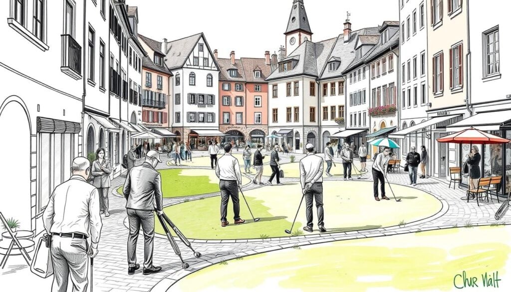 A bustling urban golf course nestled within the historic Chur Altstadt, where players tee off amidst a backdrop of charming medieval architecture. The fairways wind through cobblestone streets, past vibrant cafes and local boutiques, offering a unique blend of tradition and recreation. Golfers, dressed in smart attire, concentrate on their shots, their movements captured in a series of crisp, black-and-white sketches, with occasional splashes of color highlighting the verdant grass, a vibrant umbrella, or the gleam of a club. The scene is infused with a sense of energy and a touch of whimsy, inviting passersby to join in the "Urban Golf Erlebnis" - a captivating intersection of sport, culture, and the timeless allure of this centuries-old city.