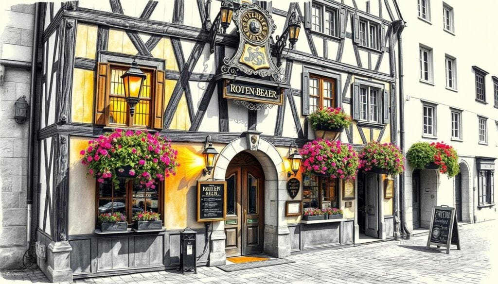 A centuries-old half-timbered facade, its weathered timbers casting warm shadows upon the cobblestone street. Ornate wrought-iron signage hangs above the arched entryway, beckoning passersby to step into the historic "Roten Bären" - Germany's oldest tavern. Vibrant flowers cascade from window boxes, their petals dappled by the golden glow of gas lanterns. The scene exudes a timeless charm, as if frozen in a bygone era, inviting the viewer to imagine the generations of stories that have unfolded within these hallowed walls. Rendered in a striking black-and-white palette, with only the occasional splash of color to highlight architectural details or natural elements, this image captures the essence of Freiburg's cherished landmark.