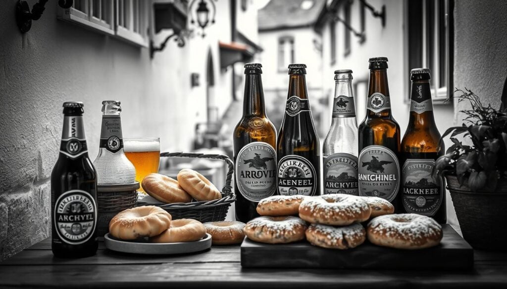 A charming corner of Zwettl's historic old town, showcasing a delightful display of local beer specialties and delectable poppy seed pastries. The foreground features an artfully arranged spread of the region's finest craft brews, their labels and bottles gleaming in the soft, diffused lighting. In the middle ground, a mouth-watering selection of flaky, golden-brown mohngebäck (poppy seed pastries) rests on a rustic wooden table, their dusting of powdered sugar lending a subtle touch of sweetness. The background subtly hints at the historic architecture and quaint ambiance of the Zwettl Altstadt, with muted tones and a tinge of autumnal warmth. The scene is captured in a striking black and white palette, punctuated by the vibrant colors of the beer labels and pastries, creating a visually captivating and appetizing composition.