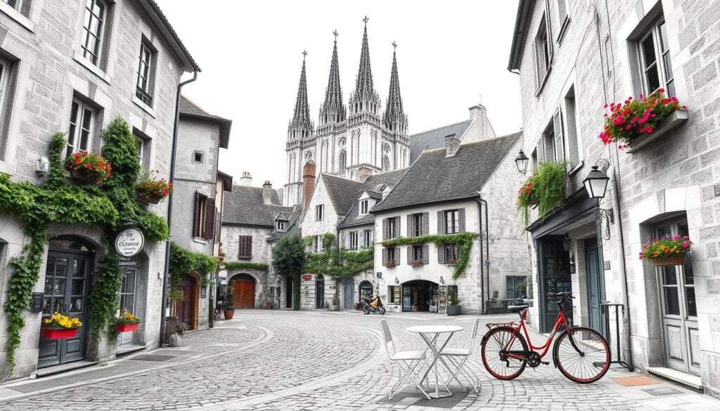 A charming medieval city, Chartres in the French countryside. Cobblestone streets wind through historic buildings, their gray stone facades softened by colorful window boxes and climbing vines. A quaint cafe table sits in a quiet square, its simple white chair and table awaiting a traveler's rest. Overhead, the iconic spires of Chartres Cathedral pierce the sky, their gothic silhouettes sketched in shades of black and white. Pops of color - a red bicycle, a vibrant flower arrangement - bring the scene to life, creating a timeless, atmospheric portrait of this enchanting destination.