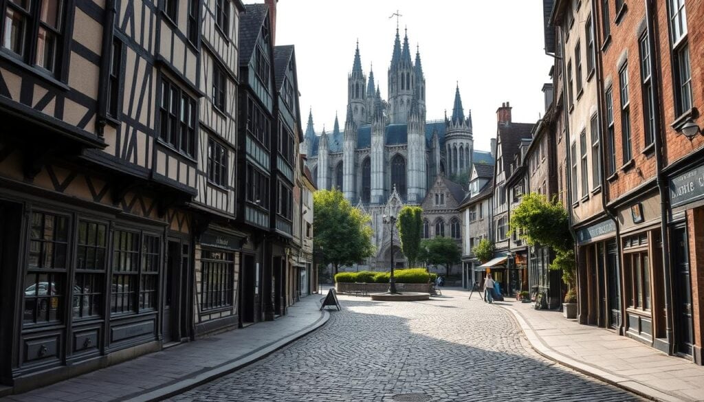 A charming medieval city square in Amiens, France, bathed in soft, diffuse lighting. In the foreground, cobblestone streets wind past quaint half-timbered buildings, their facades adorned with intricate architectural details in muted shades of gray. In the middle ground, a magnificent Gothic cathedral rises, its spires and buttresses casting long shadows across the scene. The background is filled with lush greenery, hinting at the nearby parks and gardens that offer respite from the historic city center. The overall mood is one of timeless elegance and tranquility, inviting the viewer to explore the captivating old-world ambiance of Amiens' historic district.