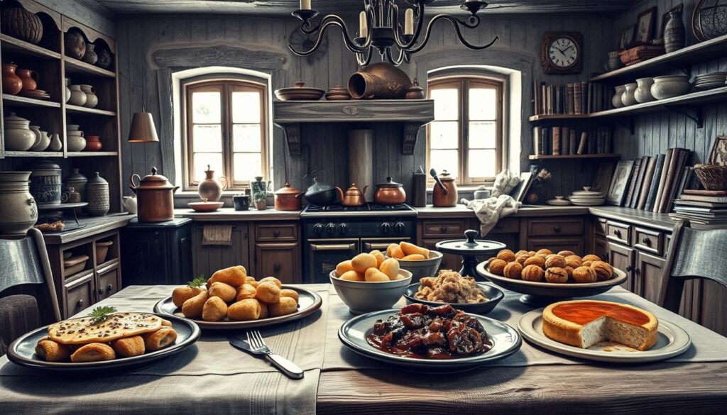 A charming scene of a traditional Lyonnaise kitchen, featuring an array of rustic and hearty dishes. In the foreground, a wooden table is adorned with a linen tablecloth, upon which sit various platters and dishes: a savory quenelle de brochet, a classic coq au vin, and a decadent tarte aux pralines. The middle ground showcases the warm, inviting atmosphere of the kitchen, with a vintage stove, copper pots, and a wrought-iron chandelier casting a gentle glow. In the background, the walls are lined with wooden shelves, displaying an assortment of earthenware and antique cookbooks. The image is rendered in a moody, monochromatic palette, with selective pops of color in the food and textiles, capturing the timeless essence of this iconic French culinary tradition.
