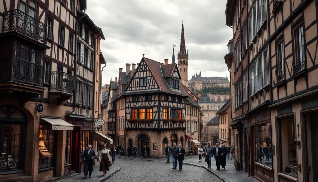 A charming stroll through the historic Altstadt of Besançon, its weathered cobblestone streets and half-timbered facades bathed in muted shades of graphite. The foreground features intricate architectural details, ornate wrought-iron balconies, and quaint shop windows casting warm splashes of color. In the middle ground, people in period attire amble past centuries-old churches and town squares, while the background reveals the city's picturesque skyline silhouetted against a moody, overcast sky. A timeless portrait of this vibrant, living museum, captured with a vintage lens and a touch of nostalgia.