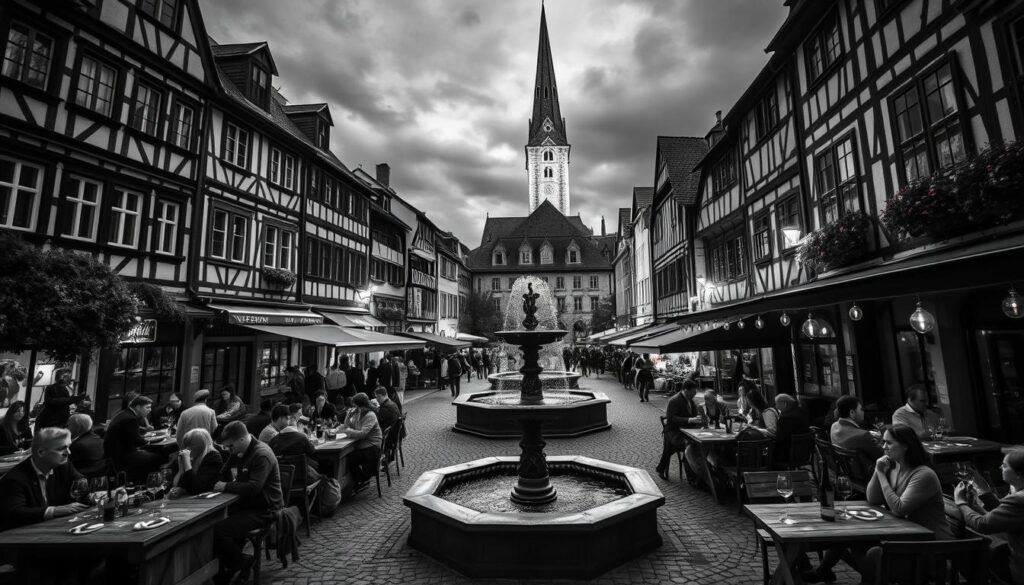 A charming town square in the historic Rust Altstadt, with rows of quaint half-timbered buildings and cobblestone streets. In the foreground, an outdoor wine festival is in full swing, with locals and visitors gathered around wooden tables, enjoying local vintages and artisanal fare. The middle ground features a central fountain, its waters sparkling in the soft, diffused lighting. In the background, a majestic church steeple rises, its Gothic architecture casting dramatic shadows across the scene. The overall atmosphere is one of cultural vibrancy and community, captured in a moody, high-contrast black and white palette, with selective pops of color highlighting the wine glasses and festive decorations. A charming town square in the historic Rust Altstadt, with rows of quaint half-timbered buildings and cobblestone streets. In the foreground, an outdoor wine festival is in full swing, with locals and visitors gathered around wooden tables, enjoying local vintages and artisanal fare. The middle ground features a central fountain, its waters sparkling in the soft, diffused lighting. In the background, a majestic church steeple rises, its Gothic architecture casting dramatic shadows across the scene. The overall atmosphere is one of cultural vibrancy and community, captured in a moody, high-contrast black and white palette, with selective pops of color highlighting the wine glasses and festive decorations.