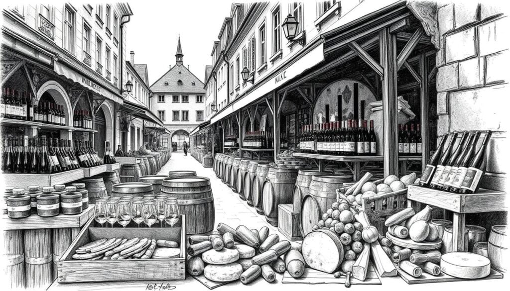 A classic open-air market in the heart of Meißen's historic old town, lined with stalls offering a tantalizing array of local wines and artisanal culinary delights. Wooden barrels and crates overflow with the season's finest vintages, their labels and corks rendered in striking monochrome. Clusters of gleaming wine glasses catch the dappled sunlight, casting a warm glow over the scene. In the foreground, a tempting display of regional specialties - cured meats, aged cheeses, fresh breads, and vibrant produce - all meticulously arranged in a charming, rustic still life. The surrounding architecture, with its timeless stone facades and ornate details, sets the stage for this celebration of Meißen's rich gastronomic heritage.