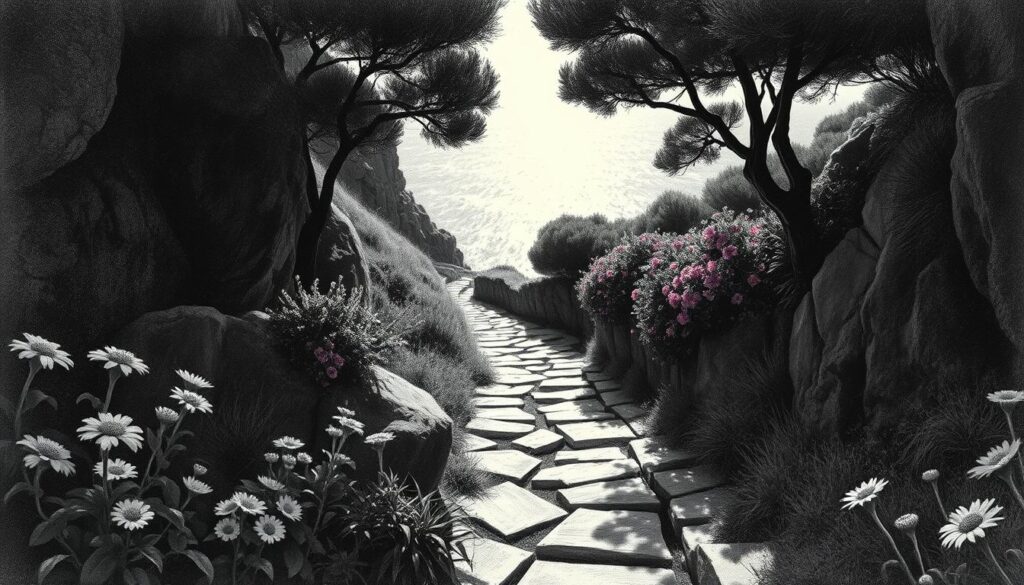 A coastal hike along the rugged cliffs of Nice, France, with a view of the shimmering Mediterranean. Weathered stone paths wind through lush, fragrant foliage, punctuated by bursts of color from vibrant flowers. Dramatic shadows and soft light create a moody, atmospheric scene, inviting the viewer to explore the hidden nooks and crannies of this picturesque seaside town. The image has a vintage, hand-drawn aesthetic, with the scene rendered primarily in shades of black and white, accentuated by subtle pops of color that draw the eye to key details.