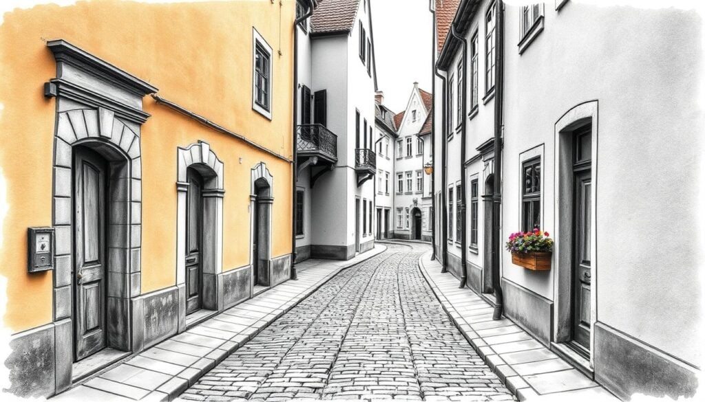 A cobblestone-lined alley winds through the historic heart of Schwerin's old town, flanked by timeworn facades of warm ochre and muted grey. Towering gables, ornate entryways, and quaint window boxes create an intimate, atmospheric scene. Pools of light spill from recessed doorways, casting soft shadows that accentuate the textured walls. The scene is rendered in a striking black and white palette, with subtle pops of color - a vibrant flower box, a weathered door, or a gleaming brass knocker - drawing the eye through the frame. This hidden gem, a secret passage through Schwerin's storied past, invites the viewer to step back in time and explore the city's captivating architectural heritage.