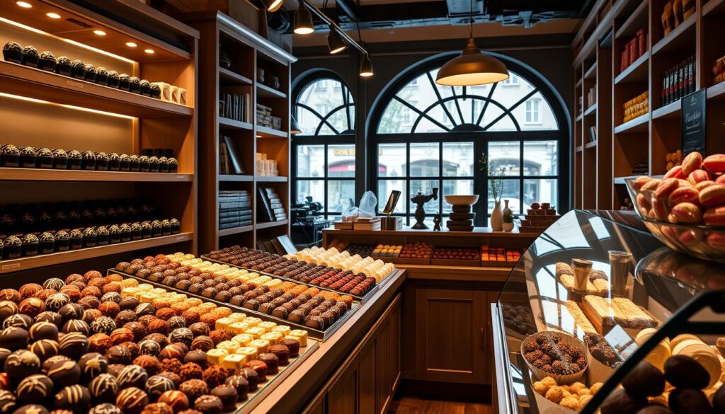 A cozy, artisanal candy shop nestled in the heart of the historic Lienz Altstadt, the Loacker Genusswelt showcases a delectable array of handcrafted confections. Rows of neatly displayed truffles, wafers, and pralines in a muted palette of blacks, whites, and splashes of color invite the viewer to step inside this sweet haven. Soft, diffused lighting casts a warm glow, accentuating the intricate textures and shapes of the confections. The scene evokes a sense of indulgence and craftsmanship, perfectly capturing the essence of the "Süßigkeiten-Himmel" (Candy Heaven) experience.