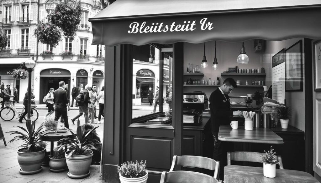 A cozy cafe nestled in the charming Bayonne Old Town, its inviting storefront adorned with potted plants and a charming bistro-style awning. Through the large windows, a glimpse of the lively street scene outside, pedestrians strolling past historic buildings in muted tones of black, white, and gray, with pops of vibrant color in the form of a bicycle, a flower basket, or a scarf. The interior radiates a warm, intimate ambiance, with wooden furnishings, simple yet elegant decor, and a barista meticulously crafting a steaming cup of coffee. This scene evokes the quintessential Bayonne experience, where visitors can immerse themselves in the city's rich culture and savor the local joie de vivre.