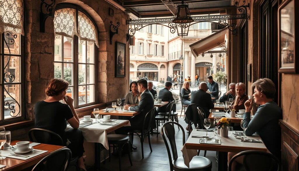 A cozy café nestled in the heart of Montpellier's historic old town, with a timeless charm and a warm, inviting ambiance. Weathered stone walls, decorative wrought-iron accents, and vintage furnishings evoke a sense of old-world elegance. Sunlight filters through lace-curtained windows, casting a soft, diffused glow on the scene. The foreground features intimate tables set with crisp white linens, delicate china, and the promise of delectable pastries and steaming beverages. In the middle ground, well-dressed patrons leisurely sip their drinks, engaged in animated conversation. The background reveals the bustling street outside, with its quaint cobblestones and medieval architecture, hinting at the rich cultural heritage of the city. A muted color palette, with pops of earthy ochres, muted greens, and rich browns, lends an air of timeless sophistication to the composition.