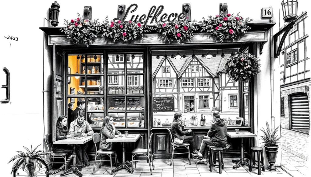 A cozy cafe nestled in the heart of Wernigerode's historic Altstadt, its charming facade adorned with warm lighting and vibrant floral accents. Inside, a blend of rustic and modern decor creates an inviting ambiance, with patrons savoring delectable pastries and rich coffee beverages. The cafe's large windows offer a picturesque view of the quaint cobblestone streets and half-timbered buildings that define the Altstadt's distinctive character. The scene is captured in a moody black and white palette, with strategic pops of color highlighting the culinary delights and architectural details that make this cafe a true highlight of the Altstadt experience.