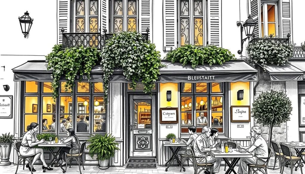 A cozy, intimate restaurant nestled in the historic center of Clermont-Ferrand, its charming facade bathed in warm, soft lighting. Intricate wrought-iron details and lush greenery spill from window boxes, hinting at the inviting ambiance within. Couples and groups of friends dine at intimate tables, savoring the local cuisine and sipping on regional wines. The scene is captured in a black and white sketch, with pops of color highlighting the vibrant foliage and the glow of the interior lighting. A welcoming, nostalgic atmosphere that perfectly complements the timeless charm of the Altstadt.