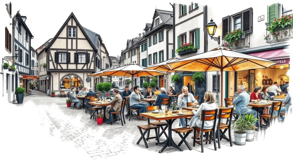 A cozy outdoor dining area in the historic Rapperswil-Jona Altstadt, with quaint cobblestone streets and charming buildings in the background. Diners enjoy local cuisine at wooden tables under the warm glow of cafe lights, with pops of color from potted plants and vibrant umbrellas. The scene is captured in a moody, pencil-sketch aesthetic with strategic use of color to highlight the culinary delights and inviting atmosphere.