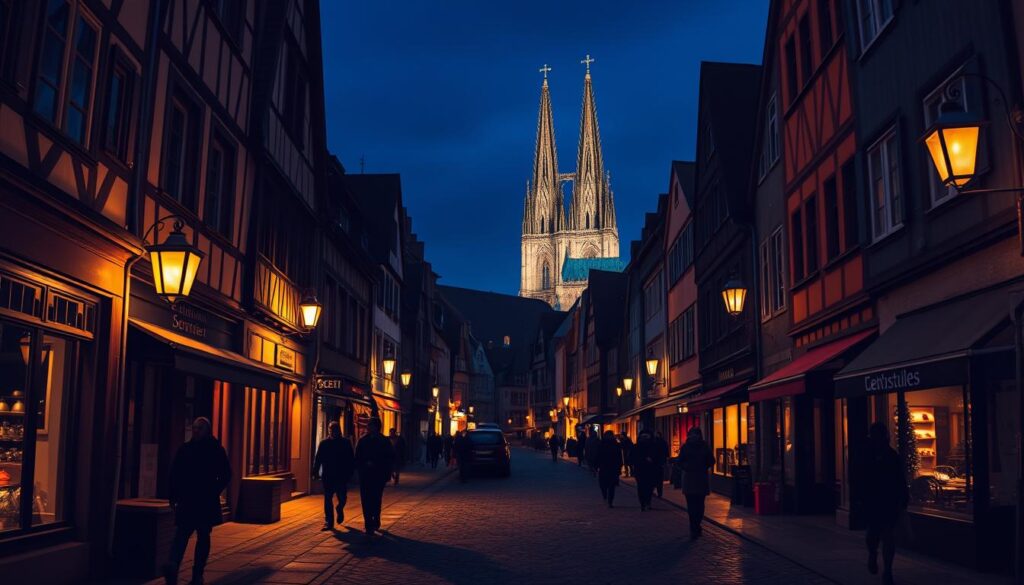 A dimly lit cobblestone street in the historic Strasbourg Altstadt, lined with quaint half-timbered houses and cozy cafes. Warm amber lanterns cast a soft glow, illuminating the charming facades and casting long shadows. In the distance, the iconic spires of the Strasbourg Cathedral pierce the night sky, their intricate gothic architecture silhouetted against a deep indigo backdrop. Pedestrians stroll leisurely, their figures rendered in shades of grey with vibrant splashes of color in their clothing and accessories. The atmosphere is one of tranquil enchantment, a serene escape from the bustle of the day, inviting the viewer to experience the captivating Nachtleben of this timeless Alsatian city.
