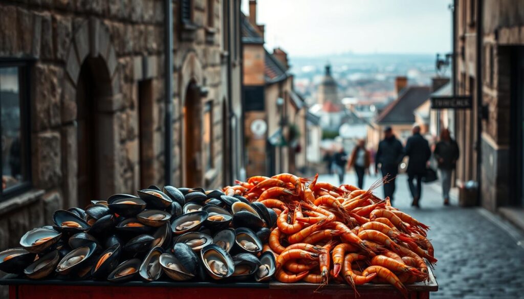 A dimly lit street in the historic district of La Rochelle, France, lined with quaint stone buildings. In the foreground, a vibrant display of fresh seafood - glistening oysters, plump mussels, and succulent shrimp - arranged artfully on a vendor's cart. The middle ground features passersby strolling along the cobblestoned alleyway, their figures rendered in muted tones, while the background is a hazy panorama of the city's iconic towers and rooftops. The scene is bathed in a soft, natural light, with selective pops of color highlighting the culinary delights. The overall atmosphere is one of rustic charm and culinary abundance, perfectly capturing the "Kulinarische Highlights in der Altstadt" of this charming coastal town. A dimly lit street in the historic district of La Rochelle, France, lined with quaint stone buildings. In the foreground, a vibrant display of fresh seafood - glistening oysters, plump mussels, and succulent shrimp - arranged artfully on a vendor's cart. The middle ground features passersby strolling along the cobblestoned alleyway, their figures rendered in muted tones, while the background is a hazy panorama of the city's iconic towers and rooftops. The scene is bathed in a soft, natural light, with selective pops of color highlighting the culinary delights. The overall atmosphere is one of rustic charm and culinary abundance, perfectly capturing the "Kulinarische Highlights in der Altstadt" of this charming coastal town.