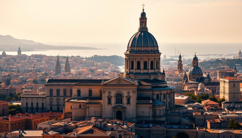 A dramatic rendering of the historical development of the Cathédrale de la Major in Marseille, France. In the foreground, the cathedral's iconic twin domes and Romanesque facade come into focus, illuminated by warm, golden light. The middle ground depicts the cathedral's evolution over the centuries, with architectural details and styles from different eras blending together. In the background, a hazy cityscape of Marseille's historic district provides context, with the shimmering Mediterranean sea and sky in the distance. The scene conveys a sense of timeless grandeur and the cathedral's enduring place in the city's cultural heritage.