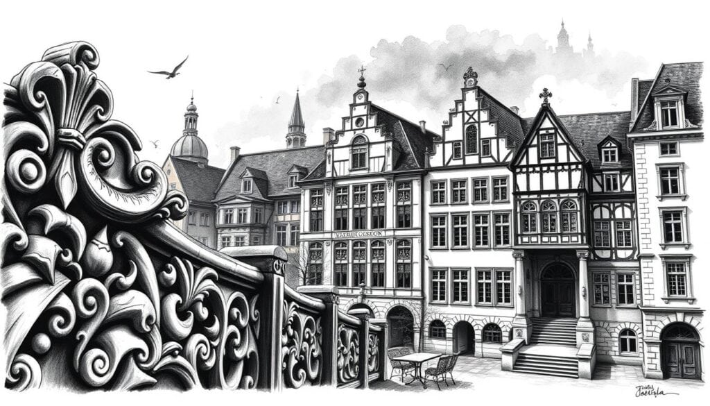 A grand facade of historic Bamberg's museums, showcasing the rich cultural heritage of the city. In the foreground, intricate stone carvings and ornate architectural details stand out in stark black and white, complemented by subtle splashes of color highlighting key elements. The middle ground features the imposing silhouettes of the museum buildings, their facades adorned with grand archways and ornamental flourishes. In the background, a hazy, dreamlike skyline hints at the city's timeless charm. The scene is rendered in a moody, pensive palette, with chiaroscuro lighting casting dramatic shadows and drawing attention to the architectural nuances. This image evokes a sense of reverence for Bamberg's enduring cultural legacy.