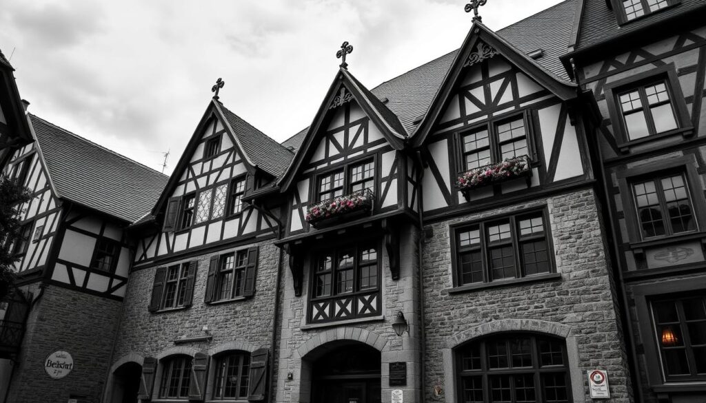 A grand, historic brewhouse nestled in the charming town of Freistadt, its striking facade of stone and timber framing bathed in soft, warm light. The scene is rendered in a moody, atmospheric black and white palette, with subtle pops of color highlighting key architectural details - the ornate gables, the ornamental wrought-iron accents, the weathered wooden beams. The composition emphasizes the building's striking silhouette, inviting the viewer to step inside and discover the secrets and stories that lie within its ancient walls.