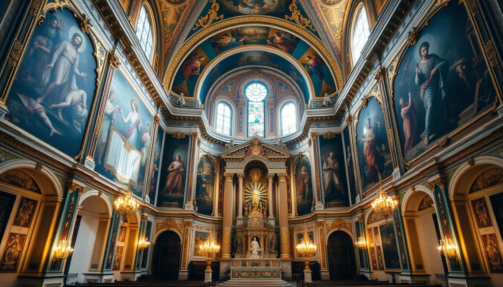 A grand, ornate Catholic chapel set in the heart of Nice, France, the Chapelle de la Miséricorde is a masterpiece of Baroque architecture and design. Warm, ambient lighting filters through stained glass windows, casting a soft, ethereal glow upon the intricate gold leaf and marble adornments that line the walls and ceilings. Towering frescoes and oil paintings depicting religious scenes and biblical figures command the viewer's attention, their vibrant colors and lifelike details showcasing the remarkable artistry of the chapel's creators. In the center, an ornate stone altar stands as the focal point, its ornate carvings and gleaming tabernacle evoking a sense of reverence and spiritual wonder. The overall atmosphere is one of profound beauty, elegance, and the divine. A grand, ornate Catholic chapel set in the heart of Nice, France, the Chapelle de la Miséricorde is a masterpiece of Baroque architecture and design. Warm, ambient lighting filters through stained glass windows, casting a soft, ethereal glow upon the intricate gold leaf and marble adornments that line the walls and ceilings. Towering frescoes and oil paintings depicting religious scenes and biblical figures command the viewer's attention, their vibrant colors and lifelike details showcasing the remarkable artistry of the chapel's creators. In the center, an ornate stone altar stands as the focal point, its ornate carvings and gleaming tabernacle evoking a sense of reverence and spiritual wonder. The overall atmosphere is one of profound beauty, elegance, and the divine.