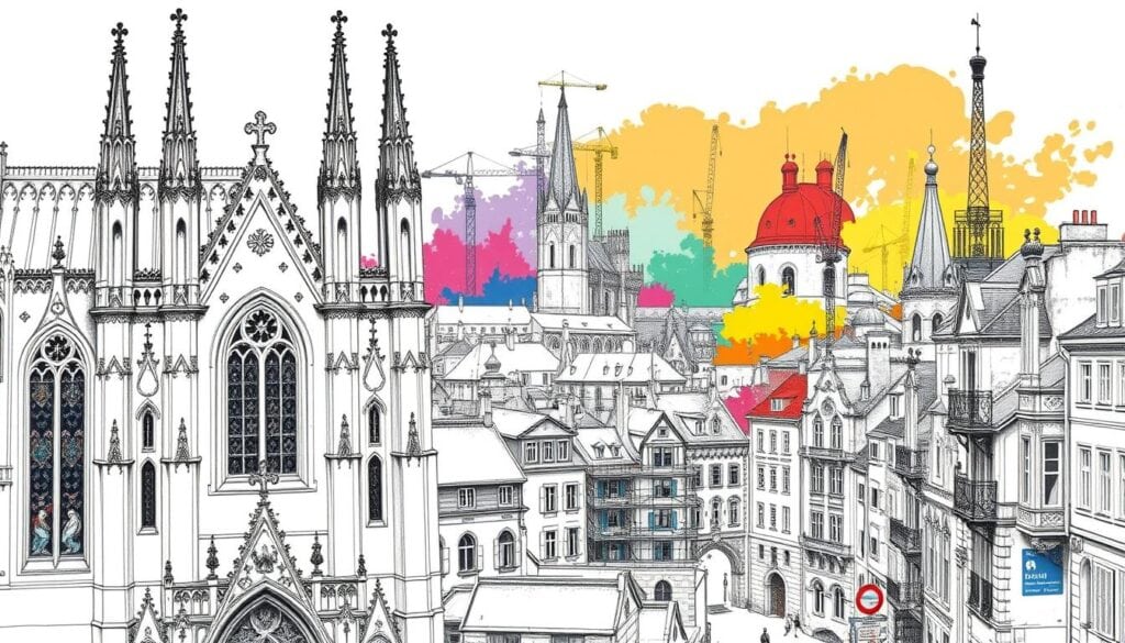 A historic Reims cityscape in a pencil sketch style, with vibrant pops of color highlighting the upcoming architectural developments in the old town. The foreground features intricate details of the iconic Notre-Dame Cathedral, its gothic spires and stained glass windows. The middle ground showcases the surrounding medieval buildings, their timeless facades punctuated by cranes and scaffolding, hinting at the ongoing restoration and modernization efforts. In the background, bold splashes of color denote the outlines of new structures, blending the past and future of this storied city. The overall mood is one of anticipation, as the ancient streets prepare to embrace a transformed, yet still culturally rich, Reims Altstadt.