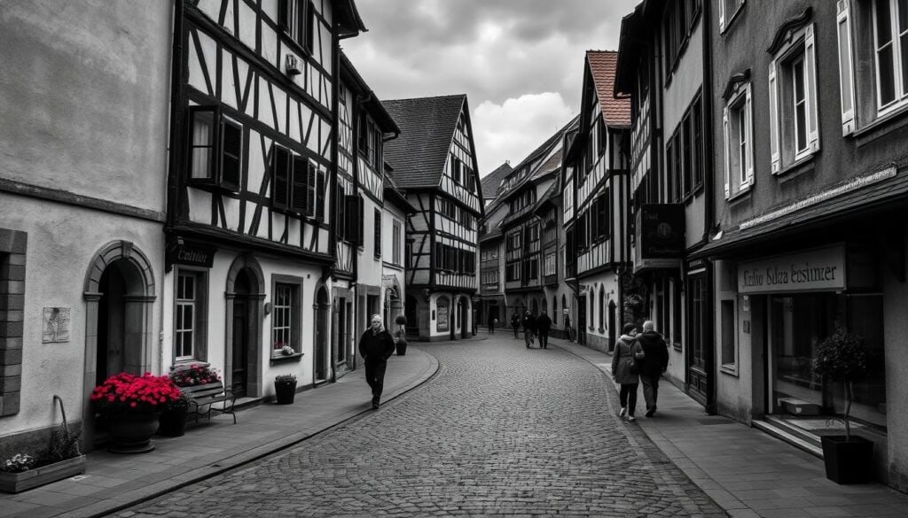 A historic cobblestone street winds through the charming Altstadt of Fribourg, Switzerland. Quaint medieval buildings line the path, their facades adorned with intricate architectural details rendered in a moody chiaroscuro. Pedestrians stroll along the pathway, their forms barely hinted at in the monochromatic scene. Occasional splashes of color - a vibrant flower box, a red-tiled roof - punctuate the otherwise black-and-white composition, drawing the eye to the scene's focal points. The atmosphere is one of quiet contemplation, inviting the viewer to explore the historic district and experience its timeless allure firsthand.