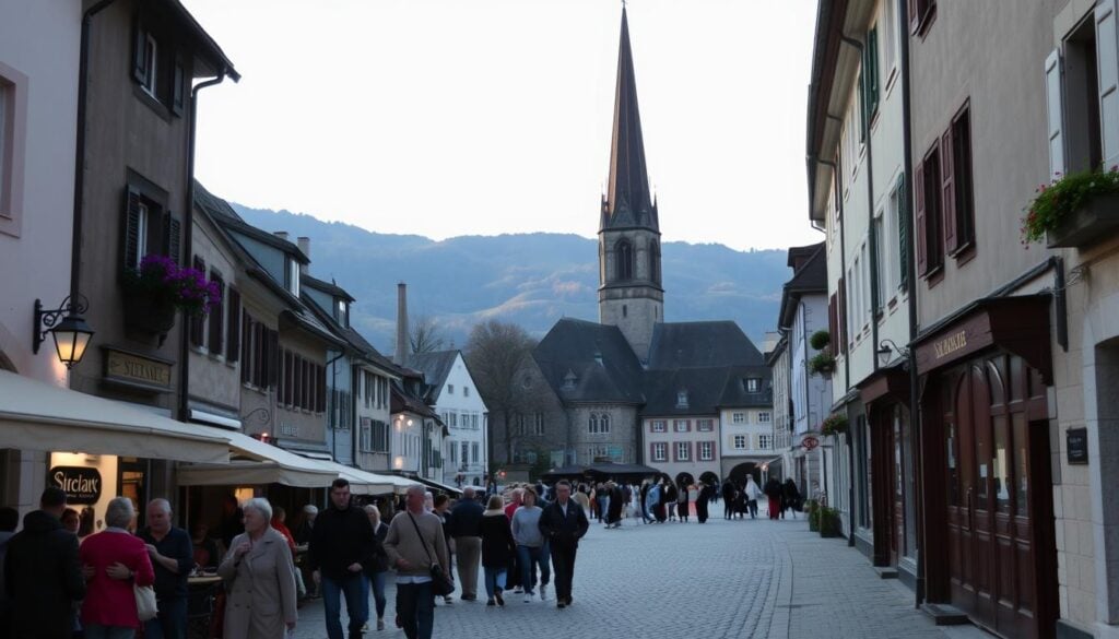 A historic town square in Wil, Switzerland, bathed in warm, soft lighting. In the foreground, a cobblestone path leads visitors past quaint shops and cafes, their facades detailed in muted tones of gray and white. Clusters of locals and tourists mingle, captured in candid moments. The middle ground features the steeple of a grand, centuries-old church, its spire reaching skyward. In the background, the gently rolling hills of the Swiss countryside provide a picturesque backdrop. Subtle pops of color, like the vibrant flowers in window boxes or the deep red of a handsome wooden door, enliven the scene. The overall atmosphere is one of charming tranquility, inviting the viewer to explore the historic heart of this enchanting Swiss town.