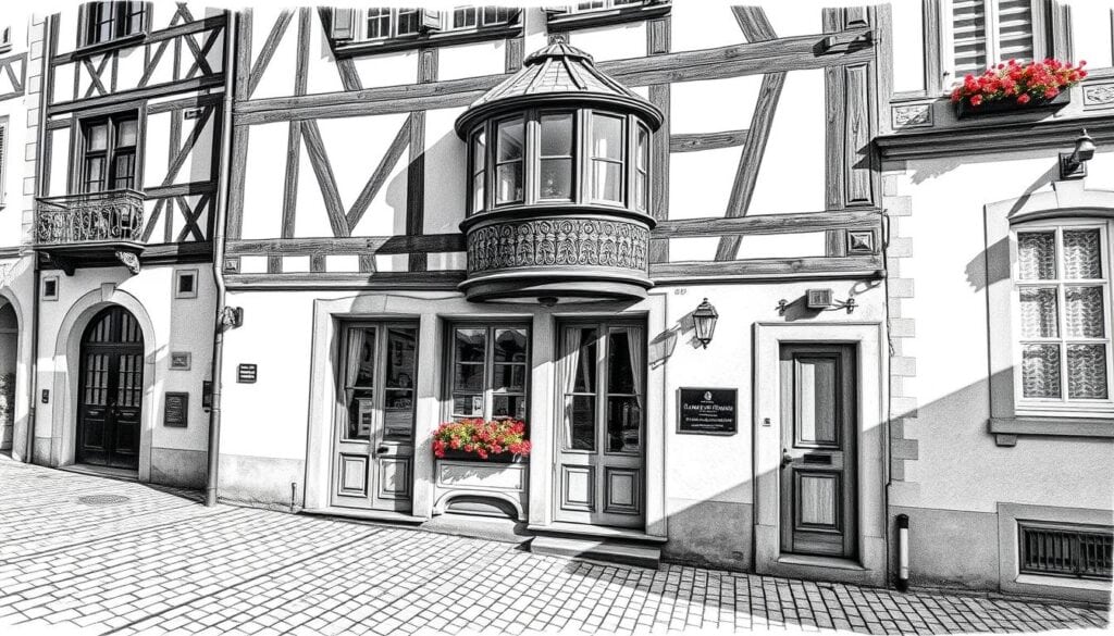 A historic townhouse in the Old Town of St. Gallen, Switzerland, its ornate oriel window adorns the façade, casting intricate shadows across the weathered cobblestones below. The intricate timber-framed construction in muted tones is complemented by selective pops of color, perhaps a vibrant window box or a wrought-iron balcony. The scene evokes a sense of timeless elegance, inviting the viewer to imagine the stories held within these walls. A black and white pencil sketch with strategic bursts of color captures the architectural nuances and historic charm of this quintessential St. Gallen landmark.