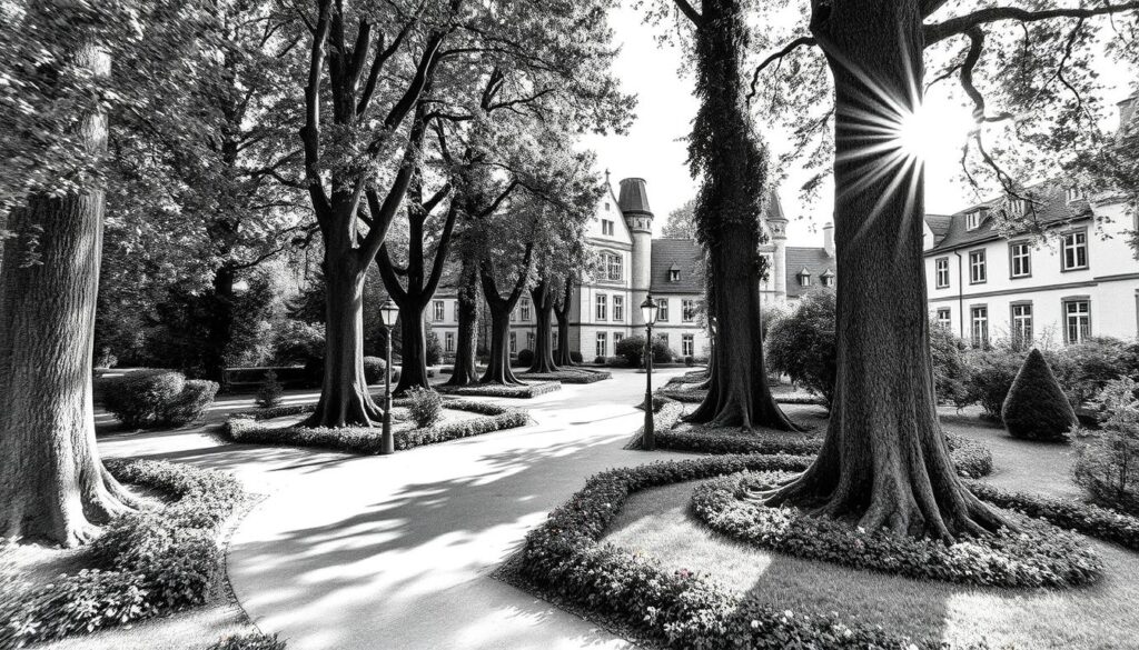 A lush, verdant garden in the heart of Celle's historic old town, the Französischer Garten is a serene oasis of tranquility. Towering trees cast gentle shadows across the winding pathways, as the warm glow of the sun filters through the canopy, casting a soft, monochromatic palette of black, white, and subtle pops of color. Meticulously maintained flowerbeds, dotted with vibrant splashes of color, add to the serene ambiance, inviting visitors to explore this hidden gem. The scene is captured with a wide-angle lens, showcasing the garden's inviting scale and the stately architecture that frames it, creating a sense of timeless harmony between nature and the built environment.