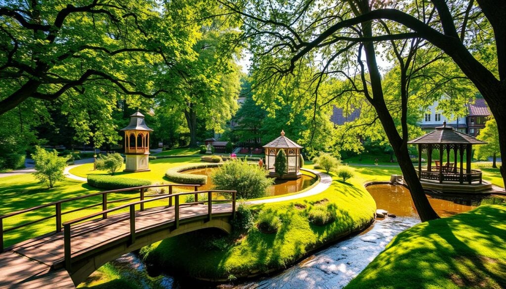 A lush, verdant oasis nestled in the heart of Bamberg, the Hain is a tranquil haven surrounded by centuries-old trees. Capture the dappled sunlight filtering through the canopy, casting a warm, golden glow over the winding paths and serene ponds. In the foreground, a quaint bridge spans a small stream, inviting visitors to wander and discover the area's hidden delights. The middle ground features ornate pavilions and charming gazebos, while the background showcases the distinctive architecture of Bamberg's historic Old Town, a UNESCO World Heritage Site. Imbue the scene with a sense of timeless beauty and peaceful respite, reflecting the Hain's role as Bamberg's cherished green sanctuary.