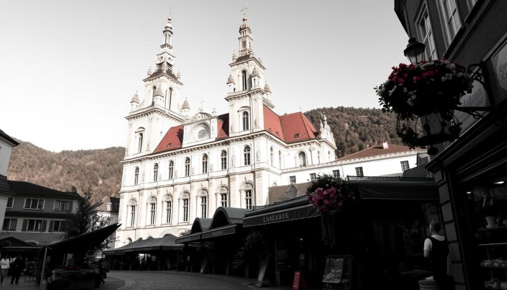 A majestic Baroque abbey standing tall against the backdrop of a verdant hillside, its ornate facade bathed in soft, warm light. Intricate stone carvings and gilded details catch the eye, drawing the viewer's gaze upwards. The abbey's twin spires pierce the sky, their silhouettes casting long shadows across the cobblestone streets below. In the foreground, a quaint marketplace bustles with activity, vendors offering a colorful array of wares. Pops of color - a vibrant flower basket, a merchant's scarf - add visual interest to the monochromatic scene. An air of timeless elegance and historical significance permeates the entire composition, inviting the viewer to step back in time and explore the rich heritage of Melk's old town.