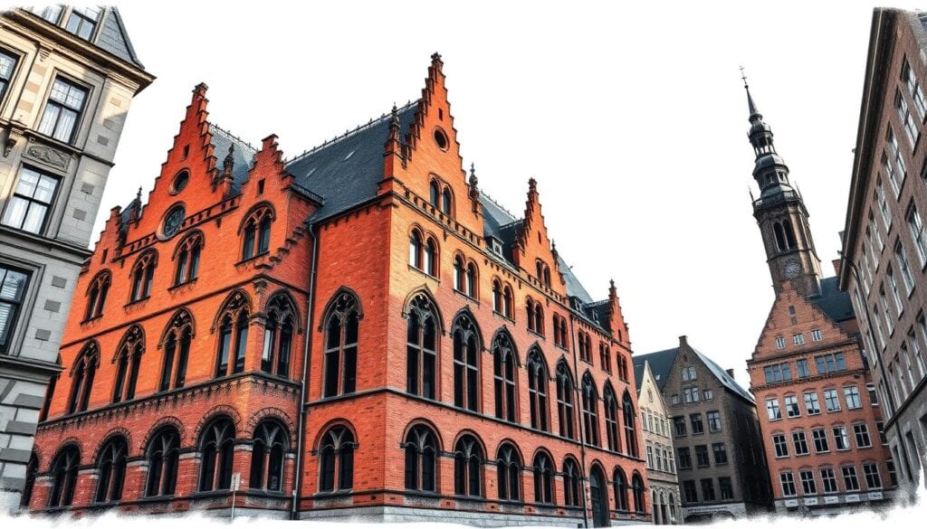 A majestic Brick Gothic edifice stands tall, its striking red-orange facade adorned with intricate arched windows and ornate architectural details. Shadows play across the weathered stone, casting a moody, dramatic light. The Rathaus Stralsund, a centerpiece of the city's historic Altstadt, towers above the surrounding buildings, its sharp spires and gables reaching skyward. The scene is rendered in a striking black and white palette, with only the occasional pop of color - a vibrant accent tile, a rust-tinged metal trim - to draw the eye. The overall effect is one of timeless grandeur and historic significance, perfectly capturing the architectural splendor of this iconic German landmark.
