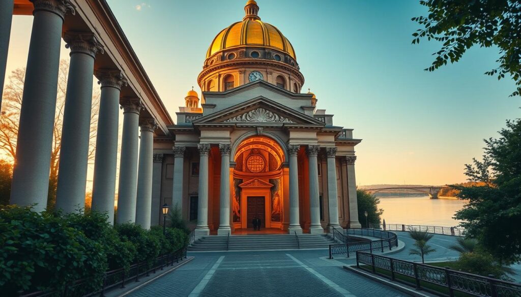 A majestic neobyzantine basilica stands tall, its golden dome glistening in the afternoon sun. Ornate columns flank the grand entrance, leading into an interior of intricate mosaics and vaulted ceilings. The warm, diffused lighting casts a serene, contemplative atmosphere, inviting visitors to bask in the architectural splendor. In the foreground, lush greenery and cobblestone pathways set the scene, while in the background, the Loire River winds peacefully, reflecting the basilica's impressive silhouette. Rendered in a vibrant, illustrative style, this captivating image captures the essence of the historic Basilika Saint-Martin, a true neobyzantine gem along the Loire.